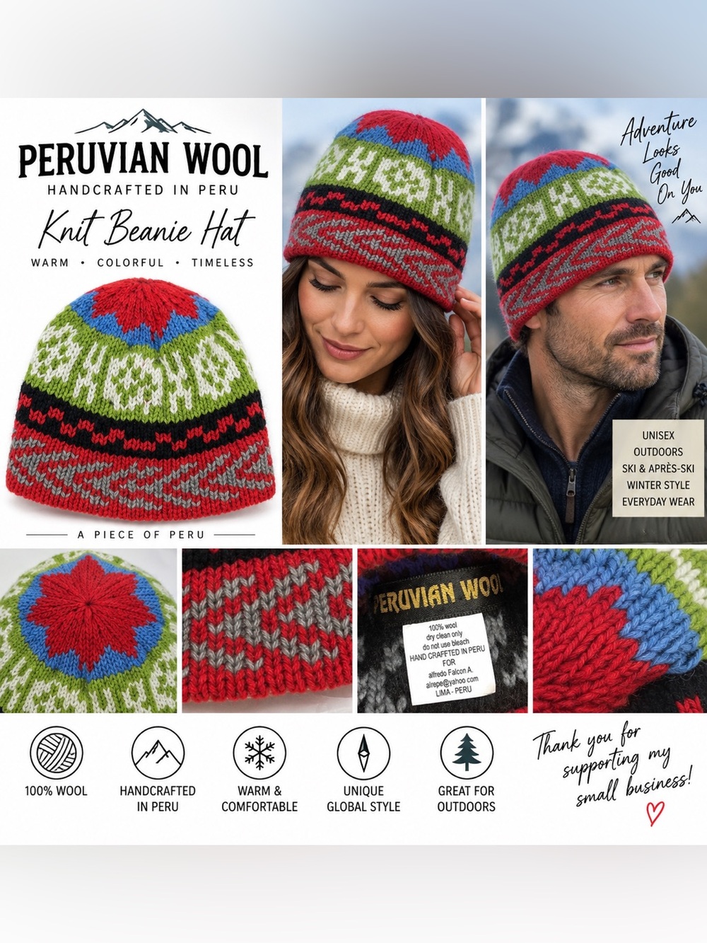 Peruvian Wool 100% Wool Handcrafted Peru Fair Isle Knit Beanie Hat Multicolor